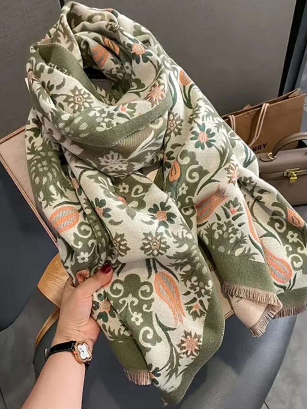 NEW! Floral Olive & Sunset Cashmere-Feel Shawl Scarf XL - Picture 2 of 5